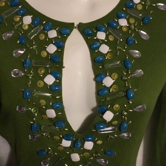 Bebe Beaded Embellished Rhinestone V-neck Silk Cashmere Long Sleeve Shirt XS - Picture 4 of 10